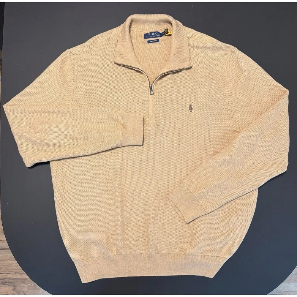 Polo Ralph Lauren XXL Pima Cotton Quarter Zip Pullover Sweater Tan Beige Golf